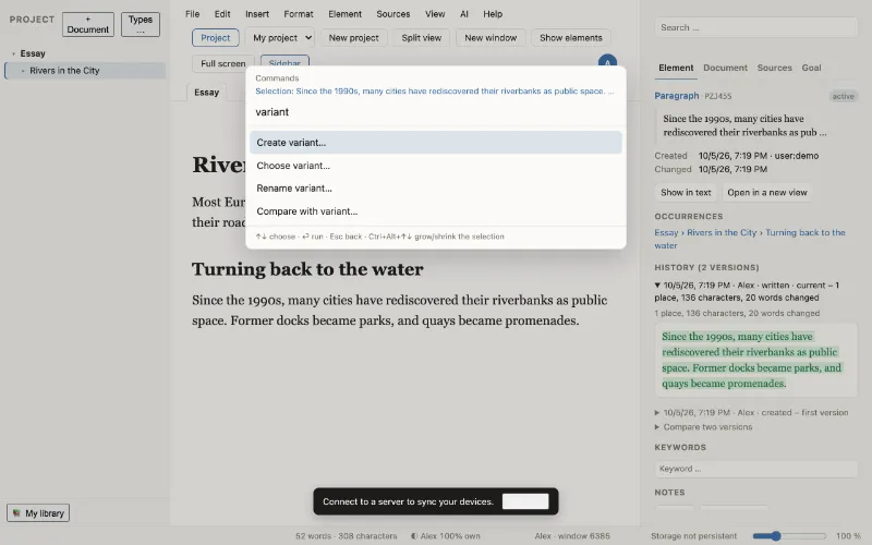 The Command Tool opened over the text, filtered by what was typed.