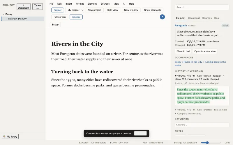 The WriteFlow editor: a chapter in the middle, the project outline on the left and, on the right, the element panel with the versions of the current paragraph.